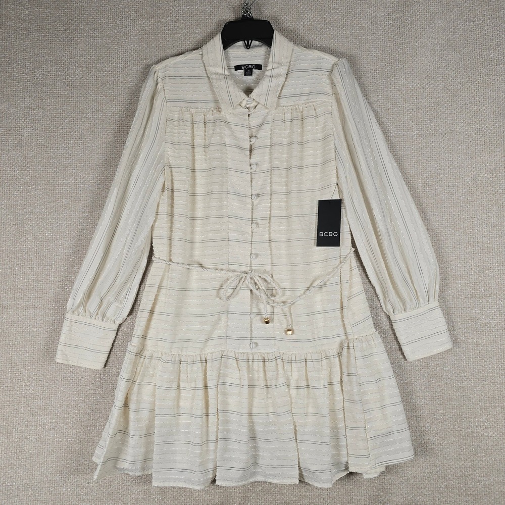 BCBG Women Cream White Striped Long Sleeve Button Down Ruffle Shirt Dress 12